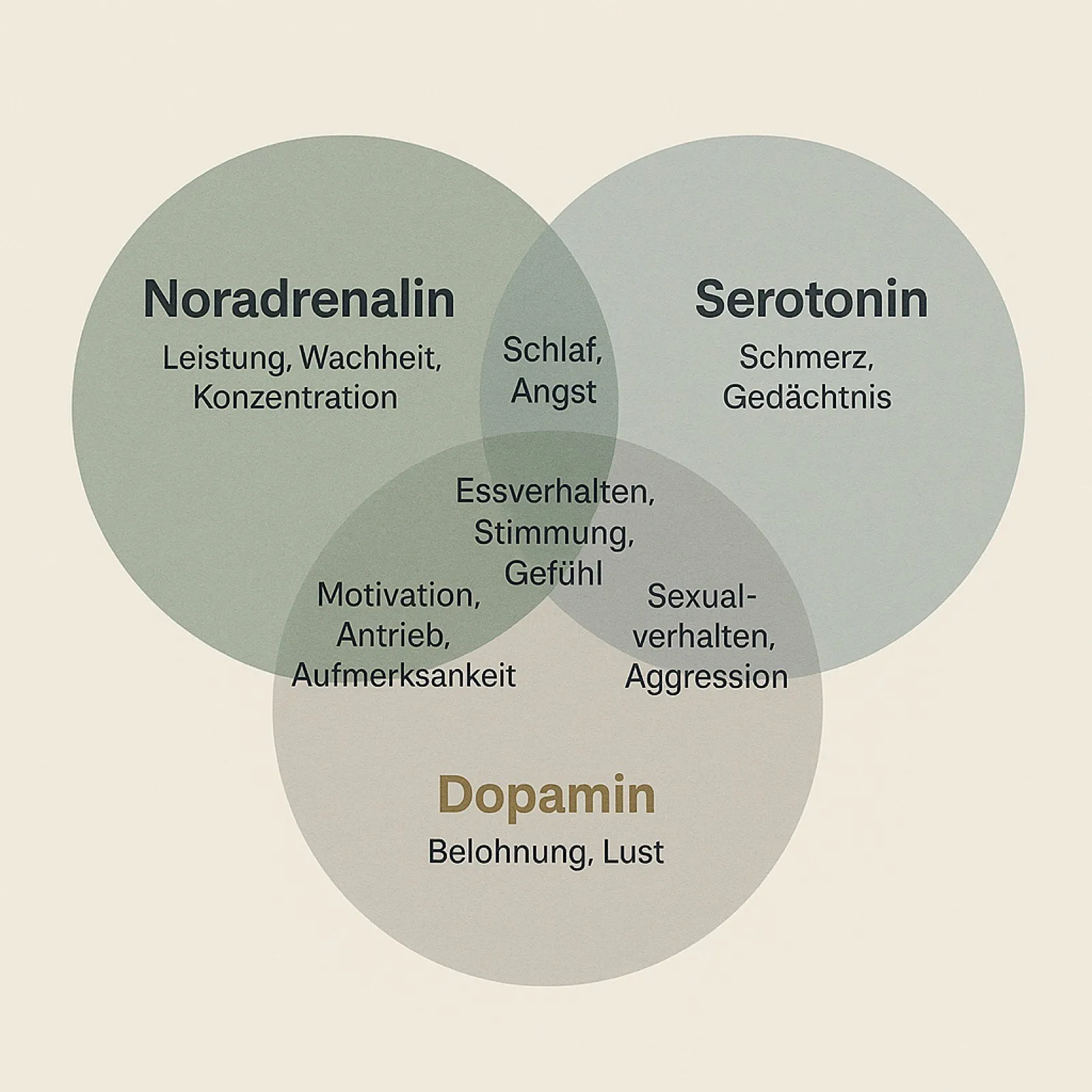 Venn-Diagramm der Botenstoffe Noradrenalin, Serotonin und Dopamin mit ihren Wirkbereichen